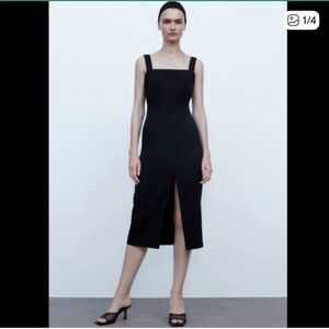 Zara Dress Black Square-Neck Midi with Front Slit